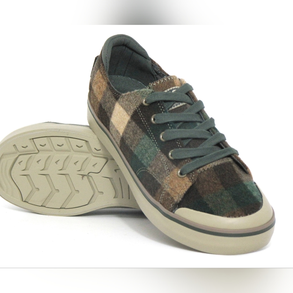 Keen Elsa III lace up low top wool plaid sneakers brown cream green Size 9